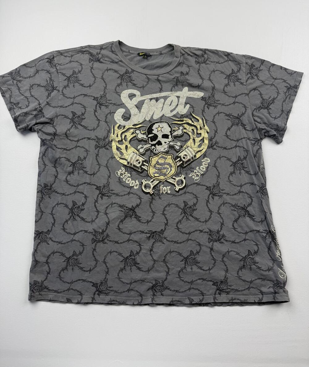 Smet Shirt Mens 2XL Gray Skull Rhinestone Graphic Tee Biker Blood For Blood USA